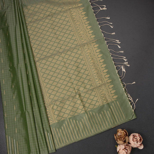 Semi Soft Silk Sage Green Thread Work Saree With Zari Buttas