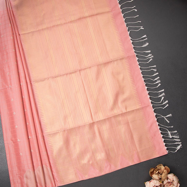 Semi Soft Silk Peach Thread Work Saree With Zari Buttas
