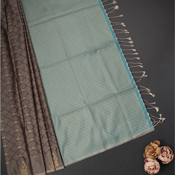 Semi Soft Silk Grey Thread Work Saree With Zari Buttas