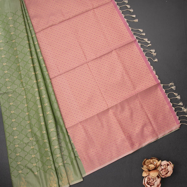 Semi Soft Silk Green Thread Work Saree With Zari Buttas