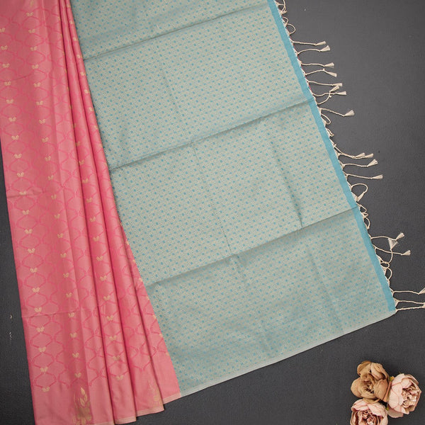 Semi Soft Silk Peach Thread Work Saree With Zari Buttas 02