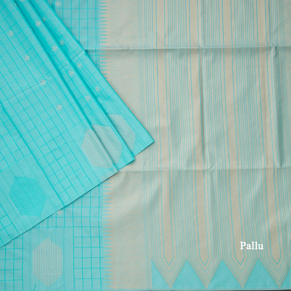 Semi Soft Silk Turquoise Blue Thread Work Saree With Zari Buttas