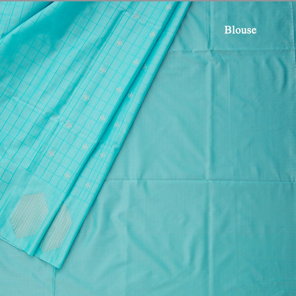 Semi Soft Silk Turquoise Blue Thread Work Saree With Zari Buttas