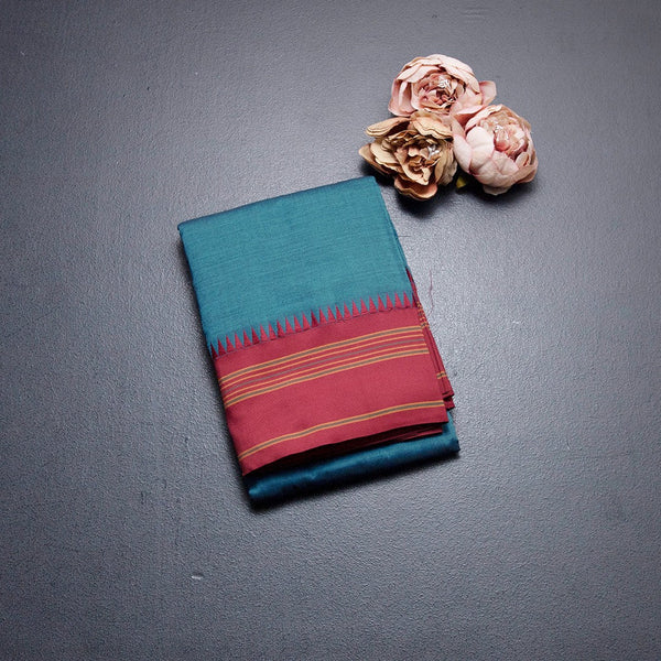 Dharwad Cotton Peacock Blue Plain Saree 02
