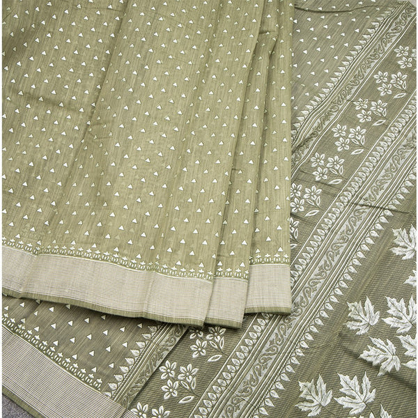 Chanderi Cotton Light Olive Green Printed Saree