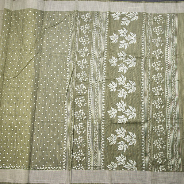 Chanderi Cotton Light Olive Green Printed Saree