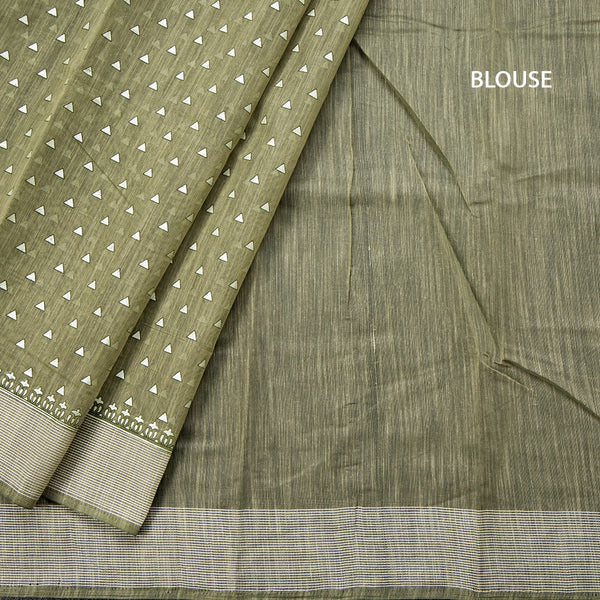 Chanderi Cotton Light Olive Green Printed Saree