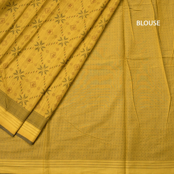 Chanderi Cotton Mustard Printed Saree