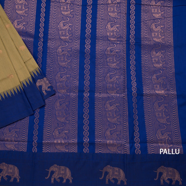 Kalyani Cotton Olive Green Saree With Zari Buttas And Temple Border