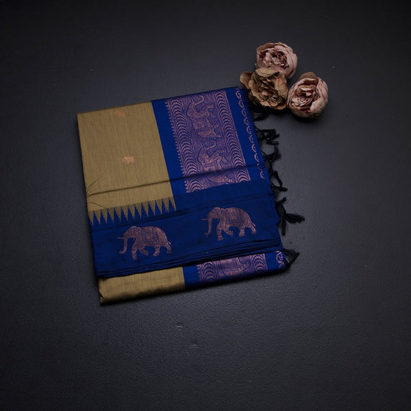 Kalyani Cotton Olive Green Saree With Zari Buttas And Temple Border