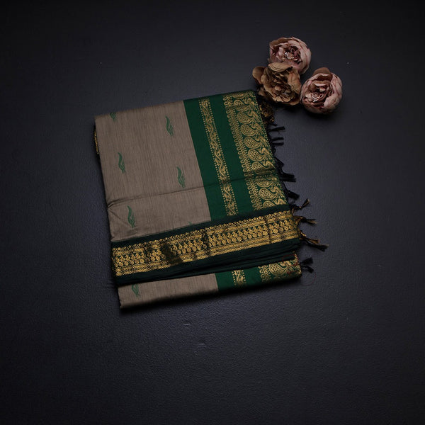 Kalyani Cotton Light Grey Saree With Small Buttas And Zari Border