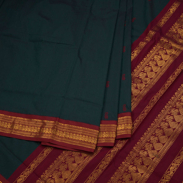 Kalyani Cotton Bottle Green Saree With Small Buttas And Zari Border