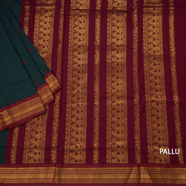 Kalyani Cotton Bottle Green Saree With Small Buttas And Zari Border