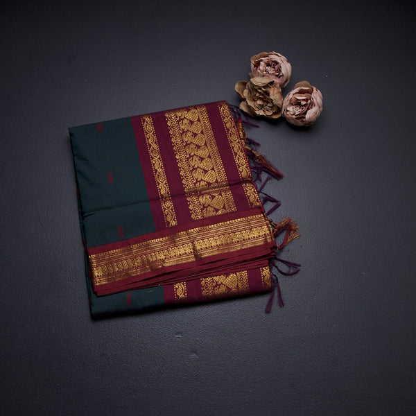 Kalyani Cotton Bottle Green Saree With Small Buttas And Zari Border