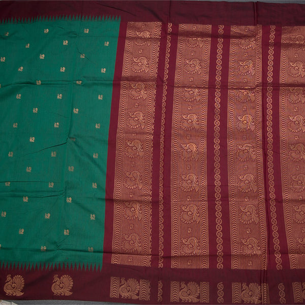 Kalyani Cotton Forest Green Saree With Zari Buttas And Temple Border