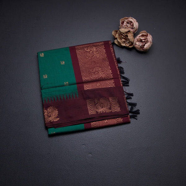 Kalyani Cotton Forest Green Saree With Zari Buttas And Temple Border