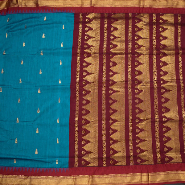 Kalyani Cotton Peacock Blue Saree With Zari Buttas And Temple Border