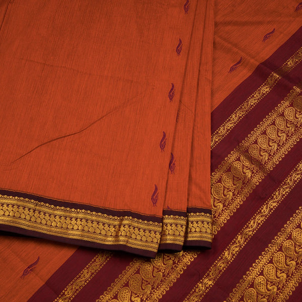 Kalyani Cotton Rust Orange Saree With Small Buttas And Zari Border