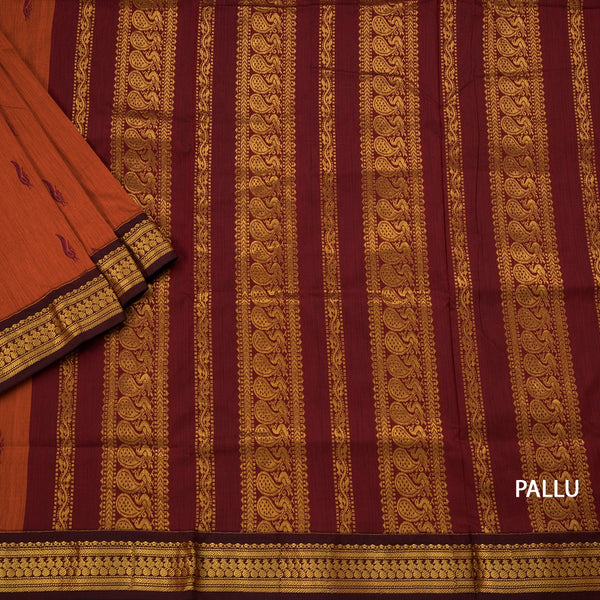 Kalyani Cotton Rust Orange Saree With Small Buttas And Zari Border