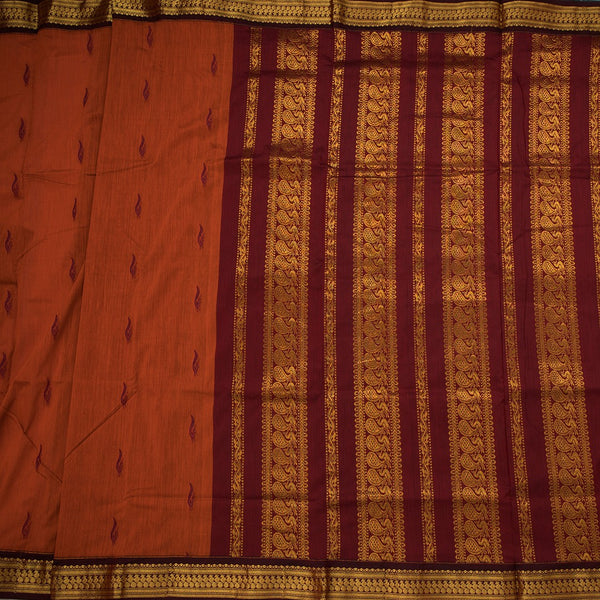 Kalyani Cotton Rust Orange Saree With Small Buttas And Zari Border