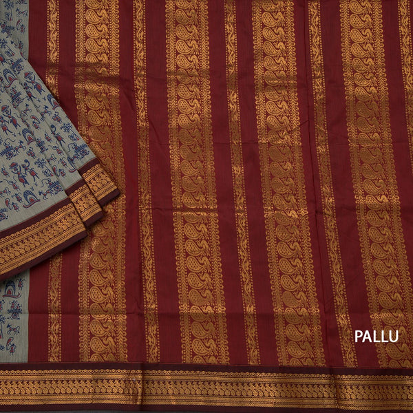 Kalyani Cotton Grey Printed Saree With Zari Border