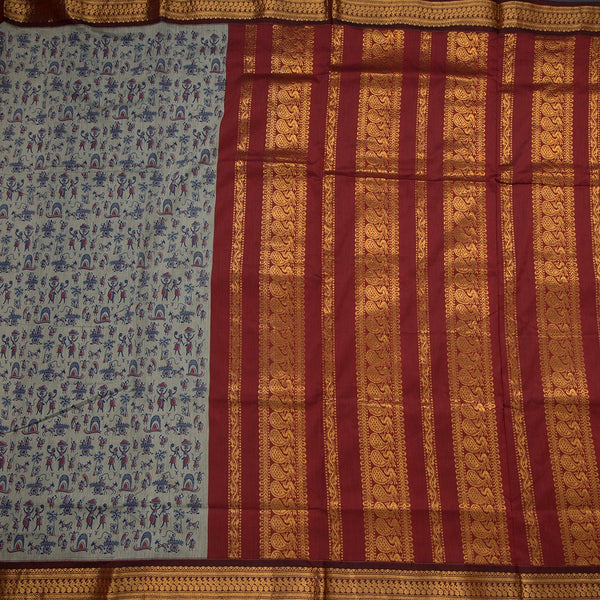 Kalyani Cotton Grey Printed Saree With Zari Border