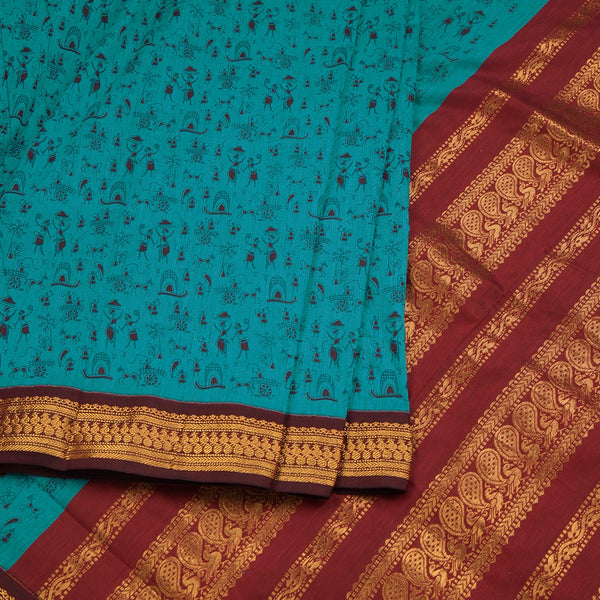 Kalyani Cotton Peacock Blue Printed Saree With Zari Border