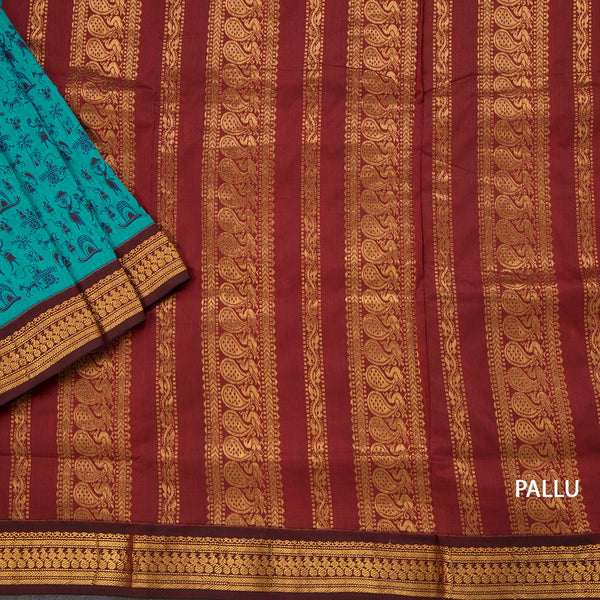 Kalyani Cotton Peacock Blue Printed Saree With Zari Border