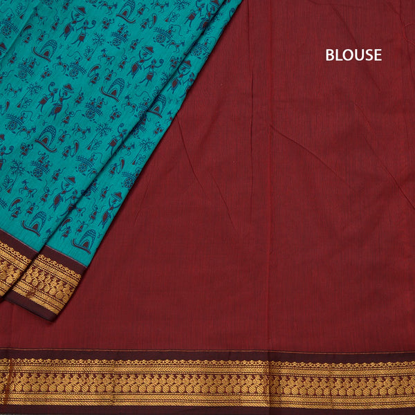 Kalyani Cotton Peacock Blue Printed Saree With Zari Border