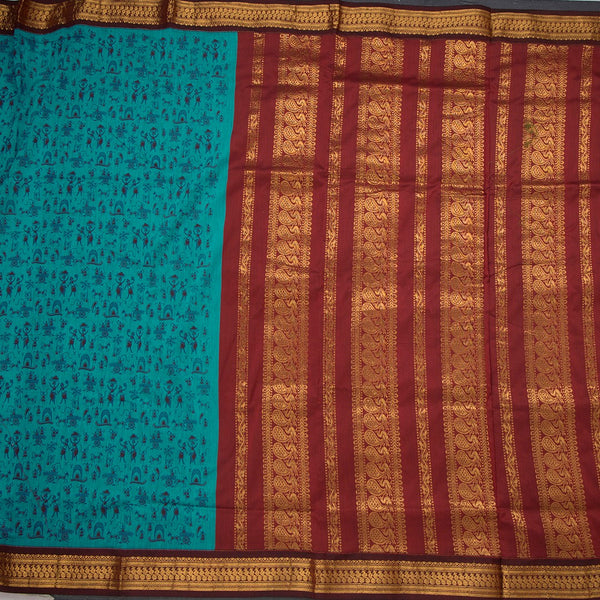 Kalyani Cotton Peacock Blue Printed Saree With Zari Border