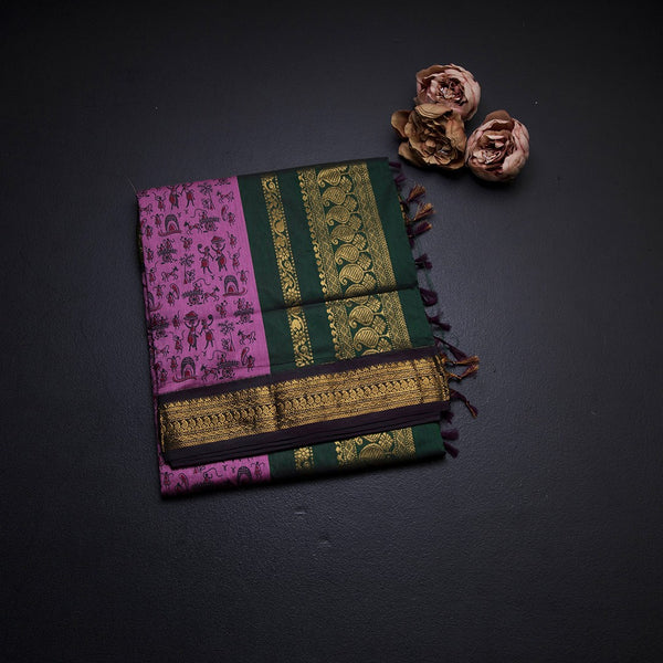 Kalyani Cotton Pink Printed Saree With Zari Border