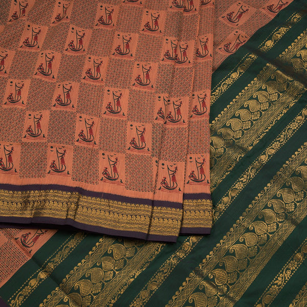 Kalyani Cotton Peach Printed Saree With Zari Border