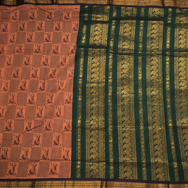 Kalyani Cotton Peach Printed Saree With Zari Border