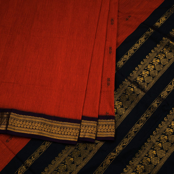 Kalyani Cotton Orange Saree With Small Buttas And Zari Border