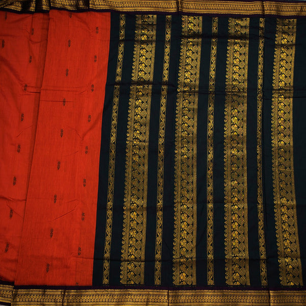 Kalyani Cotton Orange Saree With Small Buttas And Zari Border