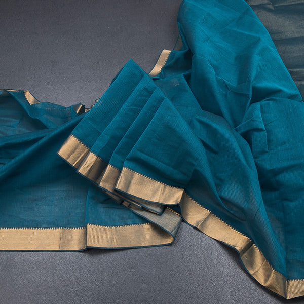 Mangalagiri Cotton Peacock Blue Striped Saree With Zari Border