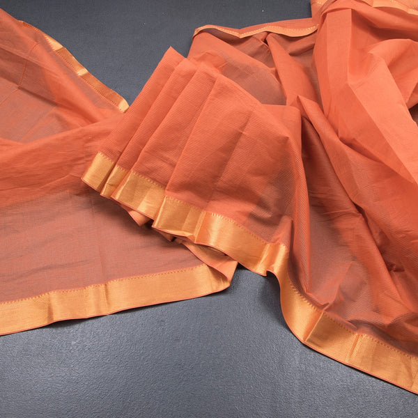 Mangalagiri Cotton Dark Peach Striped Saree With Zari Border