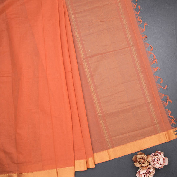 Mangalagiri Cotton Dark Peach Striped Saree With Zari Border