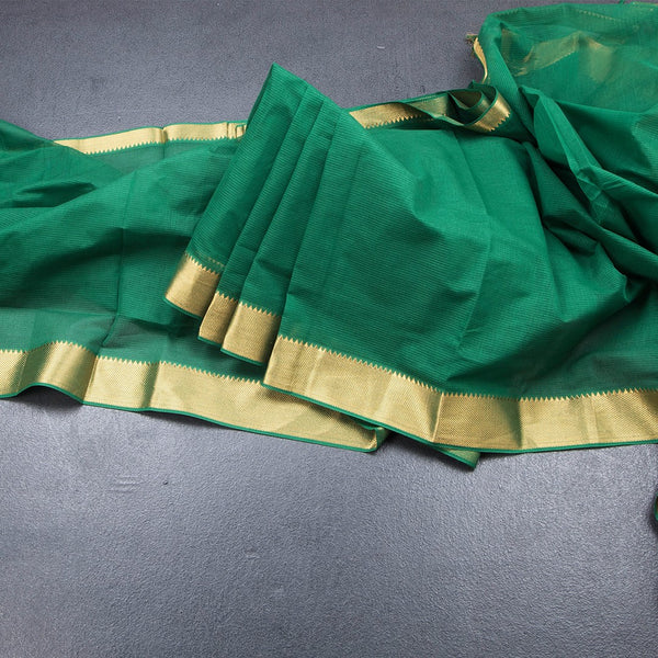 Mangalagiri Cotton Dark Green Striped Saree With Zari Border