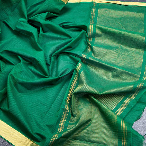 Mangalagiri Cotton Dark Green Striped Saree With Zari Border