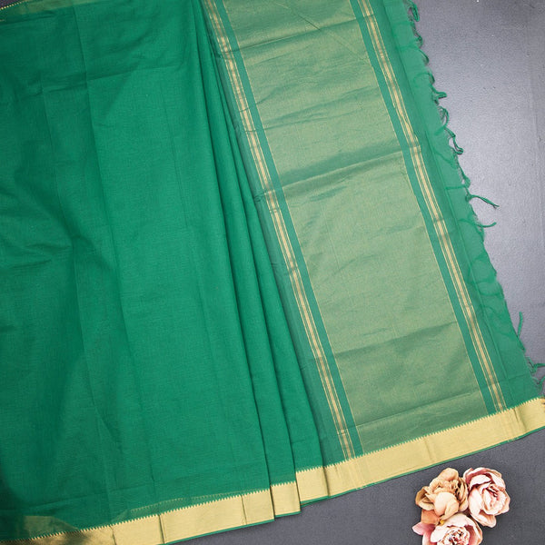Mangalagiri Cotton Dark Green Striped Saree With Zari Border