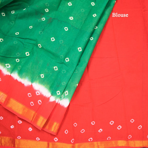 Sungudi Cotton Leaf Green Shibori Printed Saree With Blouse