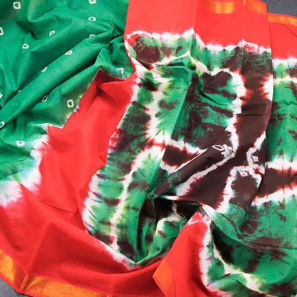 Sungudi Cotton Leaf Green Shibori Printed Saree With Blouse