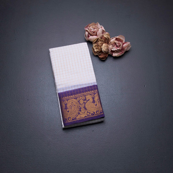 Sungudi Cotton White Zari Checked Saree With Purple Border