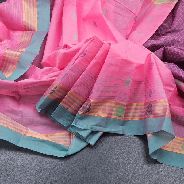 Chettinad Cotton Taffy Pink Thread Work Saree With Contrast Border