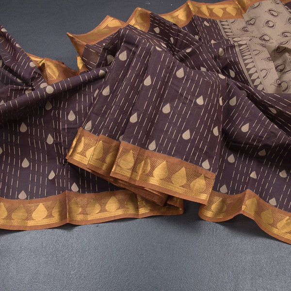 Chettinad Cotton Dark Brown Thread Work Saree With Contrast Border
