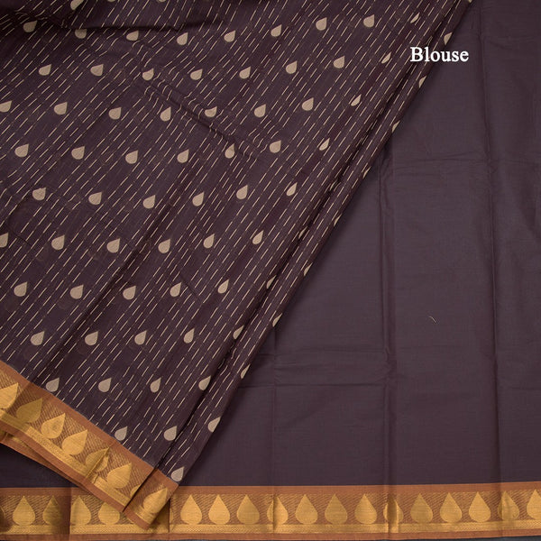 Chettinad Cotton Dark Brown Thread Work Saree With Contrast Border