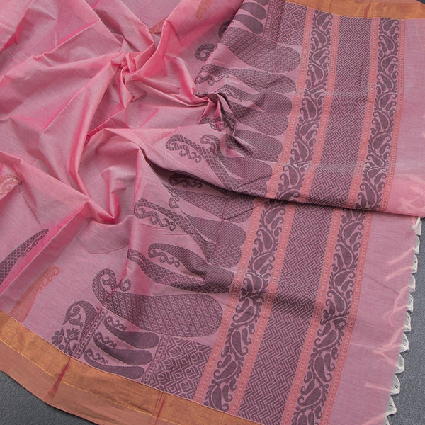 Chettinad Cotton Pink Thread Work Saree With Contrast Border