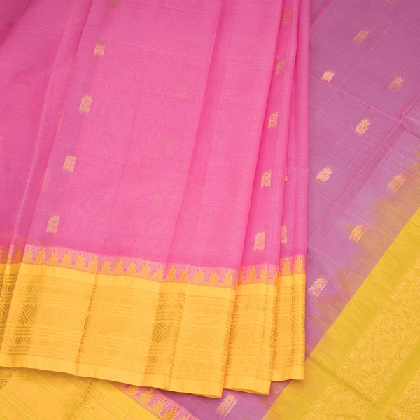 Gadwal Cotton Rose Pink Saree With Zari Buttas And Temple Border Without Blouse
