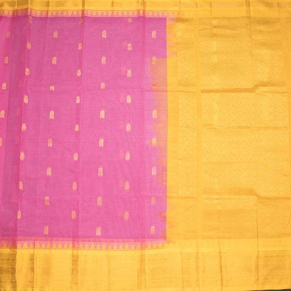 Gadwal Cotton Rose Pink Saree With Zari Buttas And Temple Border Without Blouse